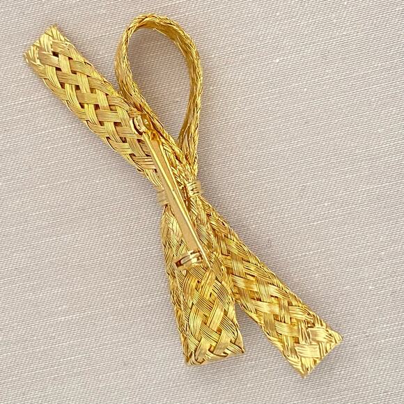 Bow Brooch Gold Tone Woven Wire Ribbon - Picture 6 of 7